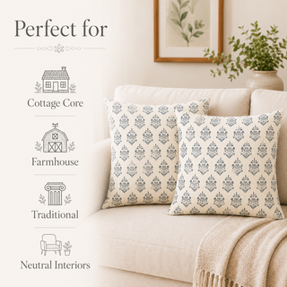Two decorative throw pillows with a repeating blue-gray damask pattern on a cream background, styled on a light beige sofa with a cream throw blanket. The image includes text overlays on the left reading 'Perfect for' with line drawings and labels for Cottage Core, Farmhouse, Traditional, and Neutral Interiors.