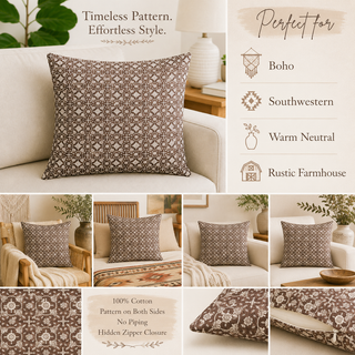 A collage showing a rectangular throw pillow with a brown and beige southwestern-style geometric pattern, styled on a white sofa in multiple home settings. Text overlays describe the pattern as timeless and effortless, with features like boho, southwestern, warm neutral, and rustic farmhouse styling.