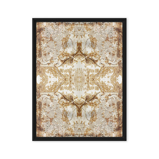 Framed artwork with a textured, abstract design in brown and beige tones on a white background.