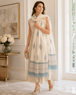 Chanderi Silk Cotton Scarf – Blue Floral Block Print Handloom Dupatta - Reymey