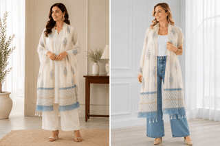 Chanderi Silk Cotton Scarf – Blue Floral Block Print Handloom Dupatta - Reymey
