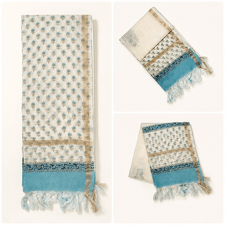 Chanderi Silk Cotton Scarf – Blue Floral Block Print Handloom Dupatta - Reymey