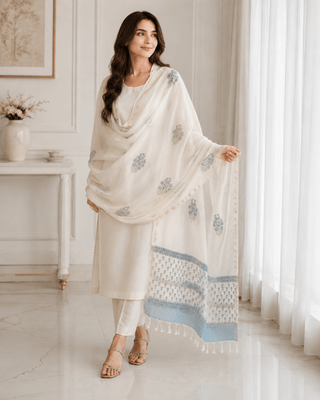 Chanderi Silk Cotton Scarf – Blue Floral Block Print Handloom Dupatta - Reymey