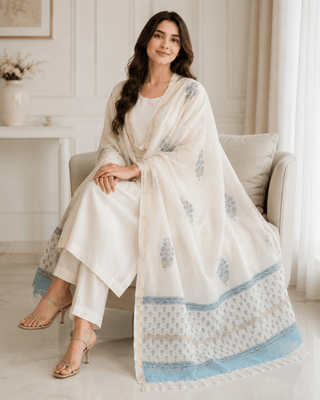 Chanderi Silk Cotton Scarf – Blue Floral Block Print Handloom Dupatta - Reymey