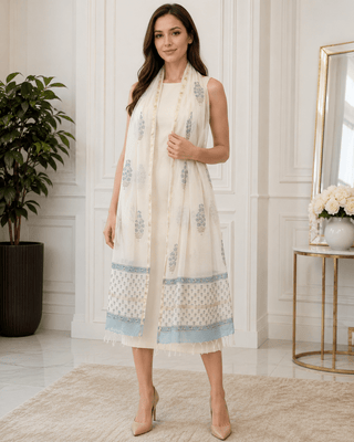 Chanderi Silk Cotton Scarf – Blue Floral Block Print Handloom Dupatta - Reymey
