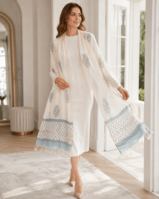 Chanderi Silk Cotton Scarf – Blue Floral Block Print Handloom Dupatta - Reymey