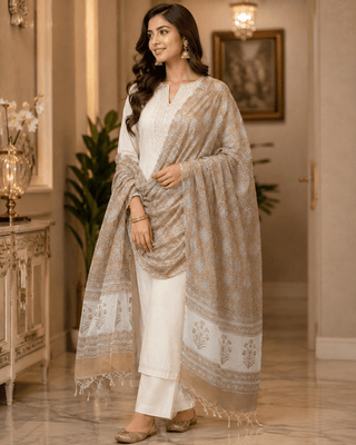 Kota Doria Silk Cotton Scarf – Brown Floral Block Print Handloom Dupatta Stole - Reymey