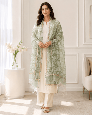 Kota Doria Silk Cotton Scarf – Olive Green Floral Block Print Handloom Dupatta Stole - Reymey