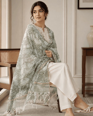 Kota Doria Silk Cotton Scarf – Olive Green Floral Block Print Handloom Dupatta Stole - Reymey