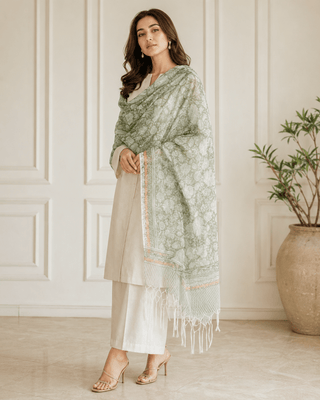Kota Doria Silk Cotton Scarf – Olive Green Floral Block Print Handloom Dupatta Stole - Reymey