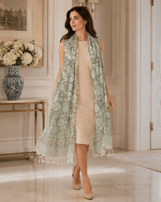 Kota Doria Silk Cotton Scarf – Olive Green Floral Block Print Handloom Dupatta Stole - Reymey