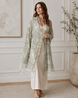 Kota Doria Silk Cotton Scarf – Olive Green Floral Block Print Handloom Dupatta Stole - Reymey