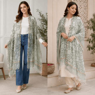 Kota Doria Silk Cotton Scarf – Olive Green Floral Block Print Handloom Dupatta Stole - Reymey
