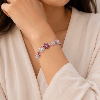 Lab - Grown Ruby & Moissanite Floral Motif Bracelet - Reymey