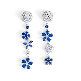 Reymey Pair of mismatched earrings with blue floral designs and moissanite stones 