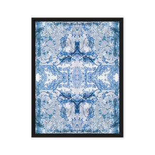 Framed abstract art print with blue and white pattern on a white background