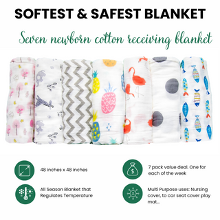 7 Pack 100% Cotton Muslin Receiving Blanket