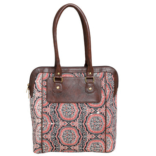 REYMEY Mid-Sized Faux Leather Messenger Bag | Paisley Fabric Exterior | Stylish & Durable | Faux Leather Handles | Brown