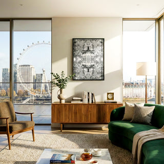 Modern living room with green sofa, wooden cabinet, and city view
