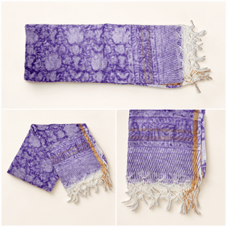 Kota Doria Silk Cotton Scarf – Purple Floral Block Print Handloom Dupatta Stole - Reymey