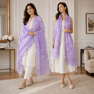 Kota Doria Silk Cotton Scarf – Purple Floral Block Print Handloom Dupatta Stole - Reymey