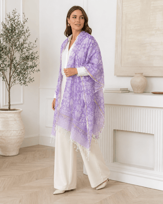 Kota Doria Silk Cotton Scarf – Purple Floral Block Print Handloom Dupatta Stole - Reymey