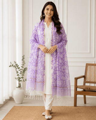 Kota Doria Silk Cotton Scarf – Purple Floral Block Print Handloom Dupatta Stole - Reymey