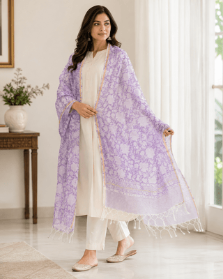 Kota Doria Silk Cotton Scarf – Purple Floral Block Print Handloom Dupatta Stole - Reymey