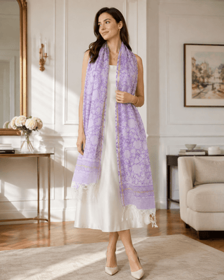 Kota Doria Silk Cotton Scarf – Purple Floral Block Print Handloom Dupatta Stole - Reymey