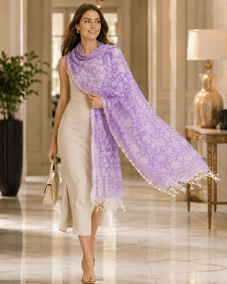 Kota Doria Silk Cotton Scarf – Purple Floral Block Print Handloom Dupatta Stole - Reymey