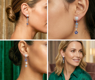 Collage of a woman wearing floral earrings with close-up shots on her ear.