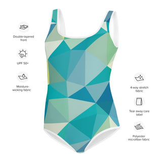 Teal/Green Geometric Print Girls' Youth One-Piece Swimsuit with UV Protection