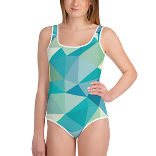 Teal/Green Geometric Print Girls' Youth One-Piece Swimsuit with UV Protection