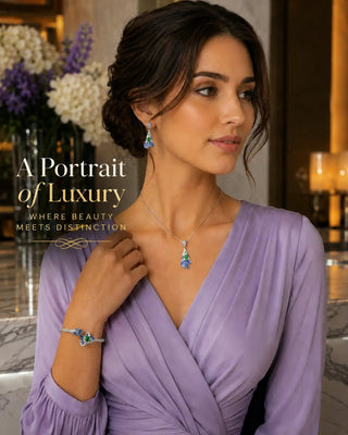 Lab - Grown Emerald & Sapphire Pavé Jewelry Set - Earrings, Bangle & Necklace - Reymey