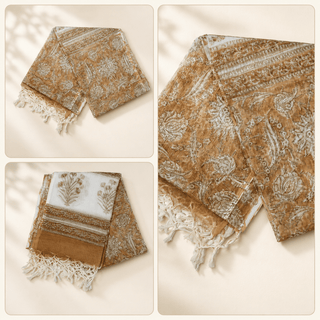 Kota Doria Silk Cotton Scarf – Brown Floral Block Print Handloom Dupatta Stole - Reymey