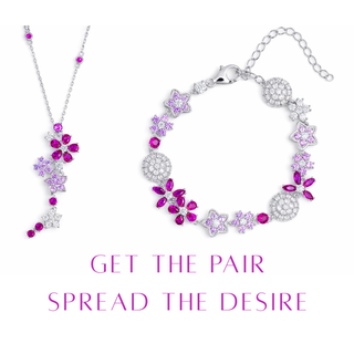 Jewelry set with necklace and bracelet featuring pink and purple stones on a white background.