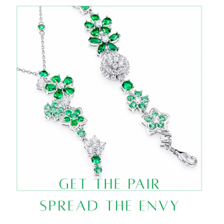 Jewelry set with emerald and diamond earrings on a white background