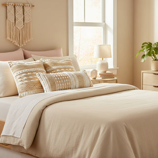 Neatly made bed with beige bedding and pillows in a bright bedroom.