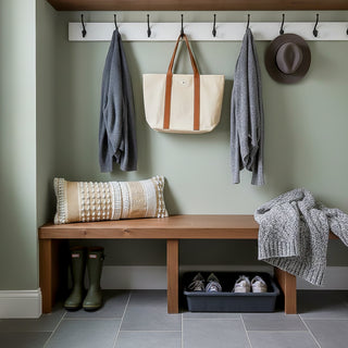 Mudroom with wooden bench, coat hooks, and storage space.