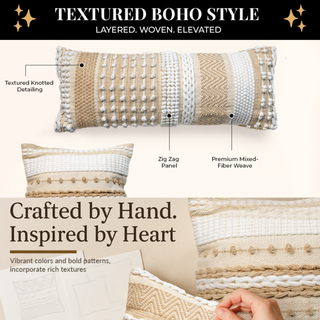 Textured boho style pillow with detailed features and branding text.