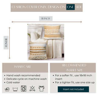 Product description card for a cushion cover with dimensions, wash care instructions, and recommended insert size.