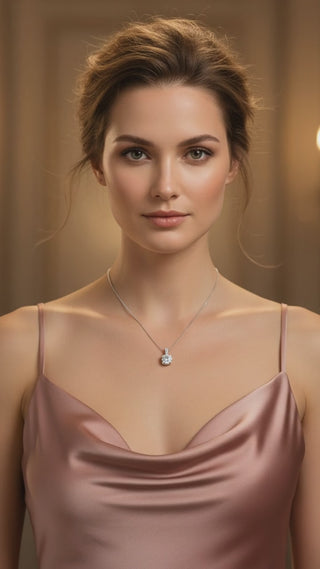 woman wearing moissanite pendant necklace