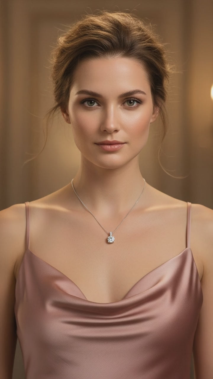 woman wearing moissanite pendant necklace