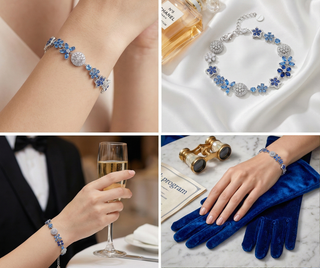 Collage of jewelry and accessories including a bracelet, perfume bottle, gloves, and a glass of champagne.