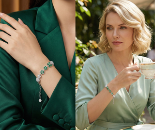 Close-up of a hand wearing a green bracelet with a woman in a light green dress holding a cup outdoors.
