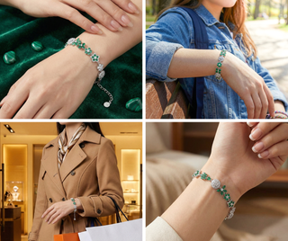 Collage of a person wearing a green beaded bracelet in various settings.