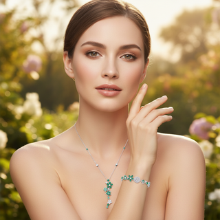 Woman wearing a necklace and bracelet with a blurred floral background