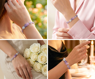 Collage of a bracelet worn by a person in various settings with floral and candlelight backgrounds.