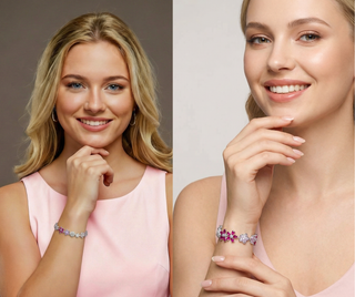 Woman wearing a bracelet with pink stones on a plain background