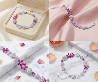 reymey Collage of a silver bracelet with pink and purple gemstones on a soft pink fabric background.